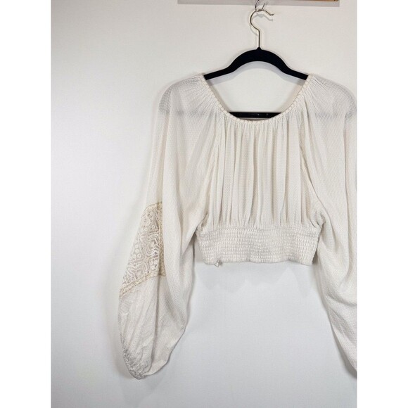 Free People Womens Top White Southwest Lace V Neck Cropped Blouse Boho Medium - Picture 7 of 10